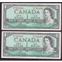 2x 1954 Canada $1 consecutive Bouey Rasminsky N/F7763366-67 CH UNC