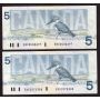 2x 1986 Canada $5 replacement banknote VF25