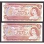 4x 1974 Canada $2 banknotes  2x consecutive runs ARA & ARD 