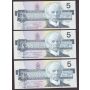 1986 Canada $5 dollar 3x consecutive banknotes Choice UNC63 