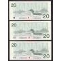 3X 1991 Canada $20 consecutive notes Knight Dodge AYN0683290-92 GEM UNC