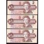 3X 1986 Canada $2 Two Dollar consecutive notes  UNC63