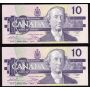 2x 1989 Canada $10 consecutive notes Theissen Crow ADT8193274-75 CH UNC
