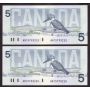 2x 1986 Canada $5 consecutive notes Knight Dodge ANT5703223-24 Choice UNC