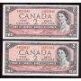 2x 1954 Canada $2 consecutive notes Lawson Bouey V/G 4253946-47 EF+
