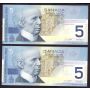 2x 2001 Canada $5 consecutive notes AOB2530440-41 BC-62aA Choice UNC