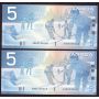 2x 2001 Canada $5 consecutive notes AOB2530440-41 BC-62aA Choice UNC
