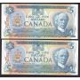2x 1979 Canada consecutive $5 notes Lawson Bouey 30000479255-56 CH UNC