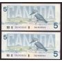 2x 1986 Canada $5 consecutive note Crow Bouey ENL9035525-26 BC-56a AU/UNC