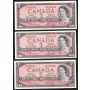 3x 1954 Canada $2 banknotes Lawson Bouey N/G5389606-07-08 Choice UNC