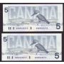 2x 1986 Canada $5 consecutive notes Knight Theissen ANN9025218-9 CH UNC