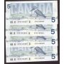 4x 1986 Canada $5 consecutive notes Bonin Thiessen GPN 1485884-87 CH UNC