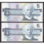 2x 1986 Canada $5 consecutive notes Knight Theissen ANN9025224-25 CH UNC