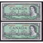 2x 1954 Canada $1 banknotes J/M6449549-50 Dark obverse Ink CH AU/UNC
