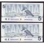 2x 1986 Canada $5 consecutive notes Knight Theissen ANN9025224-25 CH UNC