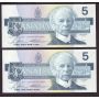 4x 1986 Canada $5 consecutive notes Bonin Thiessen GPN 1485884-87 CH UNC