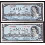 2x 1954 Canada $5 banknotes Beattie T/X4332717 Bouey T/X4601818 CH AU58+