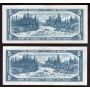 2x 1954 Canada $5 banknotes Beattie T/X4332717 Bouey T/X4601818 CH AU58+