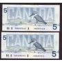 2X 1986 Canada $5 banknotes BC-56e HNB6854396 and HNB8092660 Choice UNC