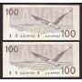 2x 1991 Canada $100 consecutive notes Knight Dodge BJW1599852-53 CH UNC
