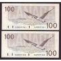 2x 1988 Canada $100 consecutive notes Knight Thiessen BJN5391060-61 CH UNC