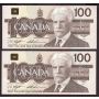 2x 1988 Canada $100 consecutive notes Knight Thiessen BJN5391060-61 CH UNC