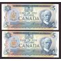 2X 1979 Canada $5 consecutive notes Crow BC-53b 30580505531-32 Choice UNC
