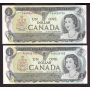 2x 1973 Canada $1 consecutive banknotes Lawson Bouey PA 6426103-04 UNC