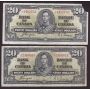 10x 1937 Canada $20 banknotes 10-notes circulated damaged