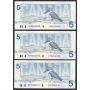 3x 1986 Canada $5 consecutive notes Crow Bouey BBPN EPC2338721-23 CH UNC