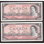 2x 1954 Canada $2 notes Bouey Rasminsky F/G4646459 & 4779459 Choice UNC