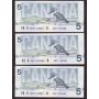 10x 1986 Canada $5 consecutive notes Knight Theissen ANP1125550-9 CH UNC