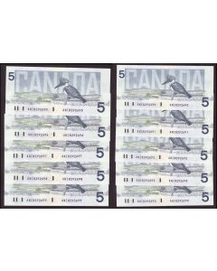 10x 1986 Canada $5 consecutive notes Knight Theissen ANI 8292690-99 CH UNC