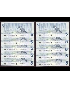 10x 1986 Canada $5 consecutive notes Bonin Thiessen GPS 3853229-38 CH UNC