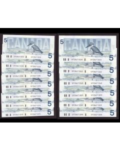 13x 1986 Canada $5 notes Knight Dodge Kingfisher 13-notes all GPZ  UNC+