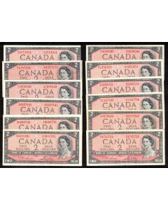 12 x Canada 1954 $2 banknotes mixed signatures and prefix VF to VF+