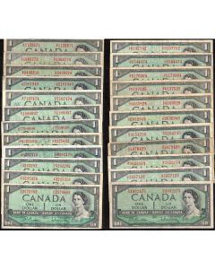 23 x Canada 1954 $1 banknotes 23 notes all circulated and/or damaged