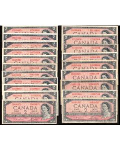 20 x Canada 1954 $2 banknotes mixed signatures and prefix FINE or better
