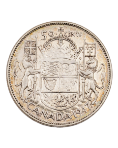 1947 Curved right Maple Leaf Canada 50 cents silver coin very nice VF+