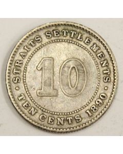 1890 H Straits Settlements 10 Cents silver coin F15