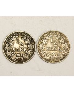 1907 F and 1918 D Germany 1/2 Mark silver coins 
