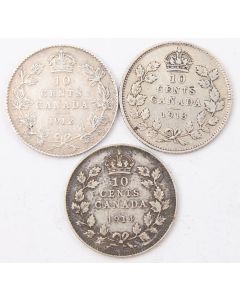 1912 1913 & 1914 Canada 10 cents 3-coins all a/VF