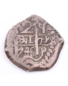 1748 Bolivia 2 Reales silver cob Q Potosi KM#38 VF+