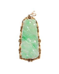Jadeite Burmese Jade carved pendant brooch blossoms birds 14K yg 