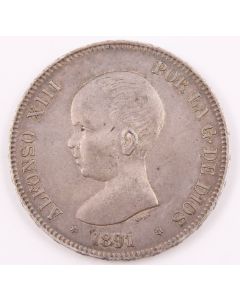 1891 Spain 5 Pesetas silver coin EF+