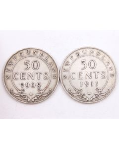 1909 and 1911 Newfoundland 50 cents F/VF
