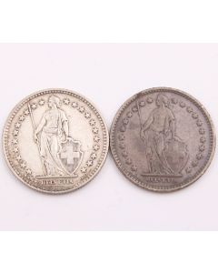 2x Switzerland 2 Francs silver coins 1920 and 1939 Circulated 2-coins