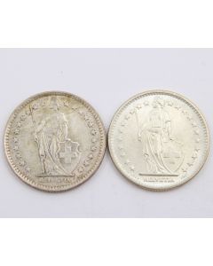 1963 and 1965 Switzerland 2 Franc silver coins AU-UNC