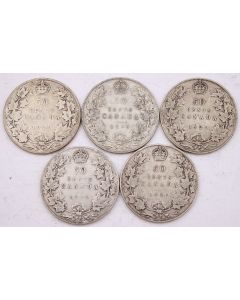 5x 1920 Canada 50 cents 5-coins G/VG