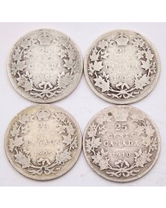1902 1902H 1905 1908 Canada 25 cents 4-coins AG